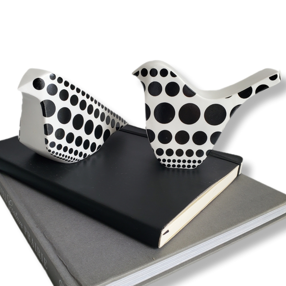 Vtg 60s MCM Mod Black White Polka Dot Abstract Bird Figurines Decor Minimalist